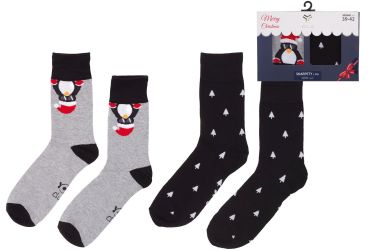 Skarpety świąteczne bawełna Yoclub pudełko prezentowe pingwin Mikołaj (r.39-46) x2 par