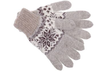 Rękawiczki wełniane damskie ciepłe 5 palców szaro-brązowe duża śnieżynka