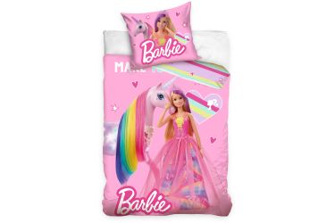 Pościel bawełniana komplet 140x200 + 70x90 lalka Barbie koń jednorożec