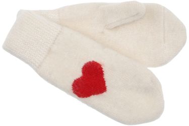 Rękawiczki wełniane z wełny owczej grube kremowe czerwone serce